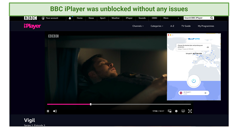 screenshot of BBC iPlayer streaming Vigil unblocked by BlufVPN