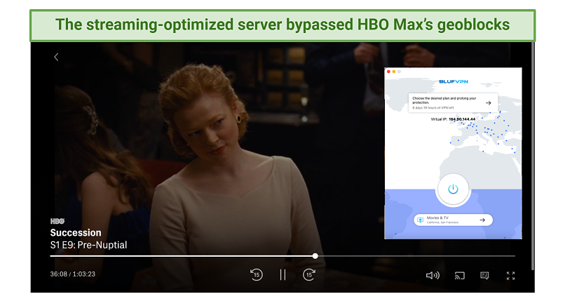 screenshot of HBO Max player streaming Succession unblocked by BlufVPN