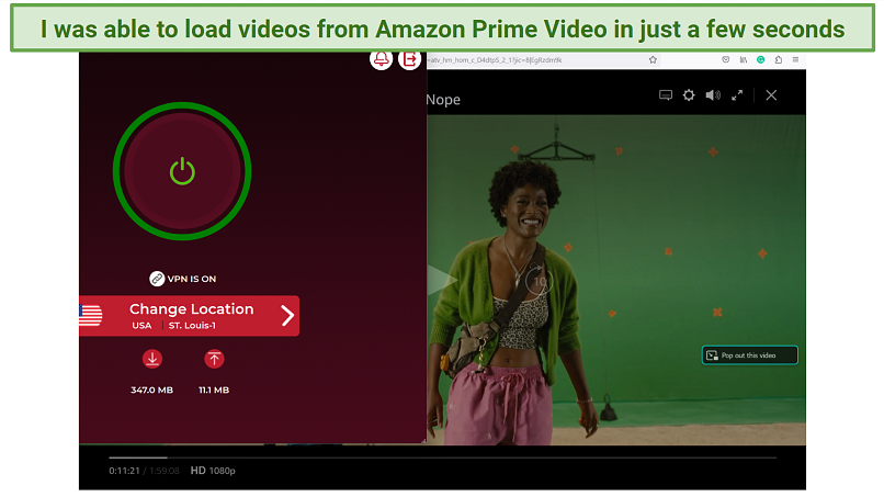 Screenshot of Amazon Prime Video player streaming Nope while connected to Symlex VPN