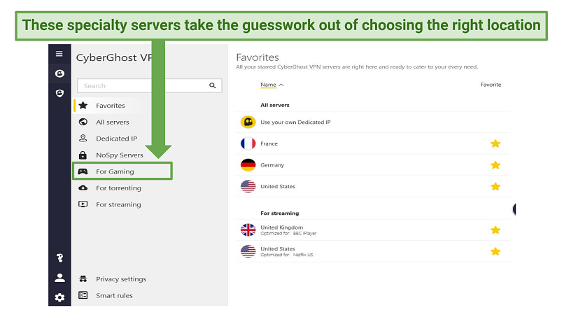 Screenshot showing where to find CyberGhost's gaming servers