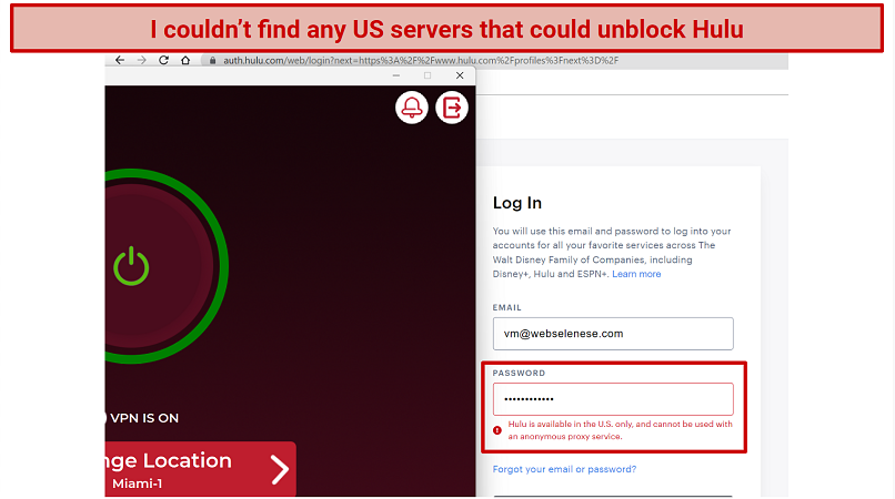 Screenshot of an error screen on the Hulu website while connected to Symlex VPN