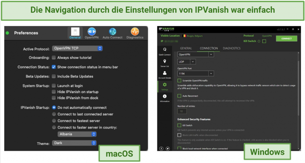 Screenshots showing IPVanish's settings menu on its macOS and Windows app