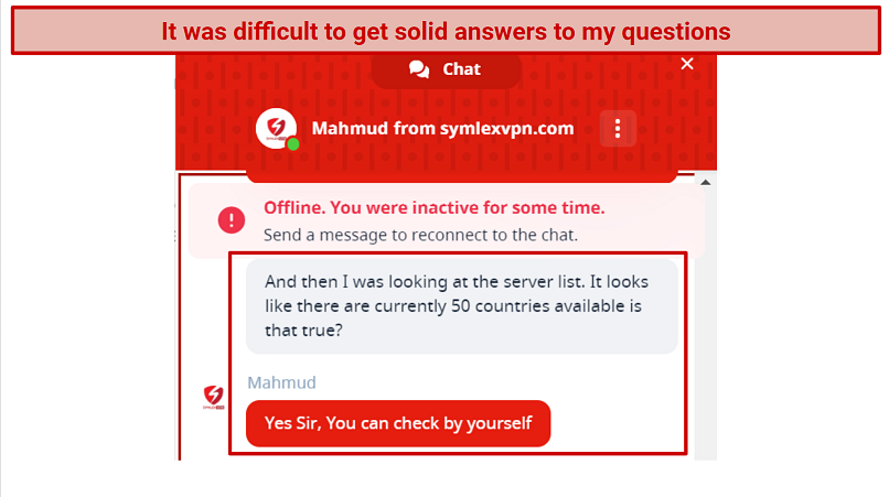 Screenshot of Symlex VPN live chat when I was told to count the server list myself