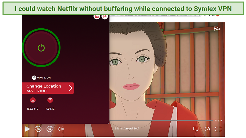 Screenshot of Netflix player streaming Bright: Samurai Soul while connected to Symlex VPN's Dallas server