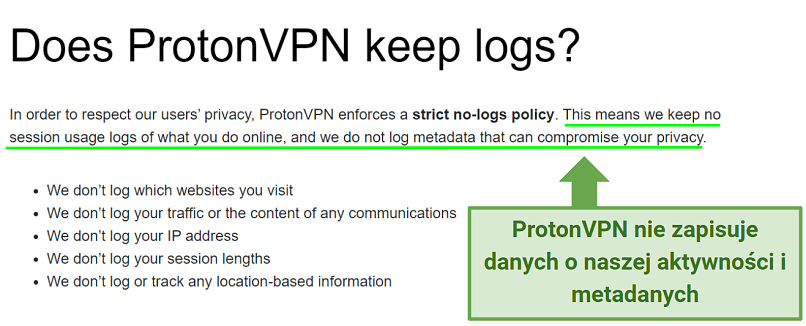 A screenshot of ProtonVPN's no-logs policy stating they record no session usage logs or metadata