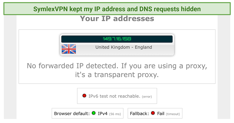 screenshot of SymlexVPN's IP and DNS leak test