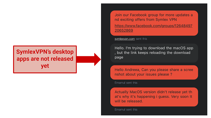screenshot of SymlexVPN's support answer regarding the macOS apps