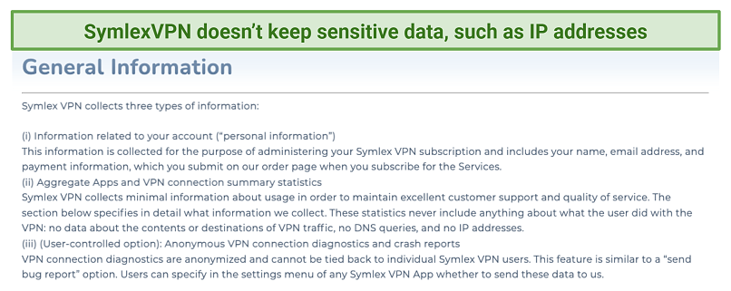 screenshot of SymlexVPN's privacy policy