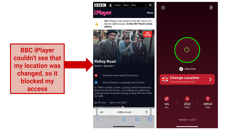 screenshot of BBC iPlayer website blocked with SymlexVPN