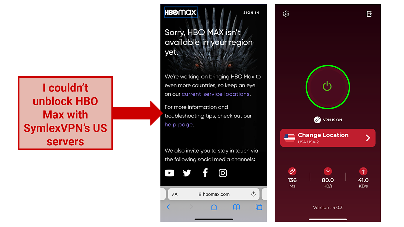 screenshot of HBO Max website blocked with SymlexVPN
