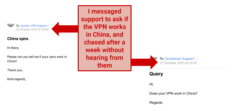 Graphic showing an email that was not answered by SymlexVPN's support team