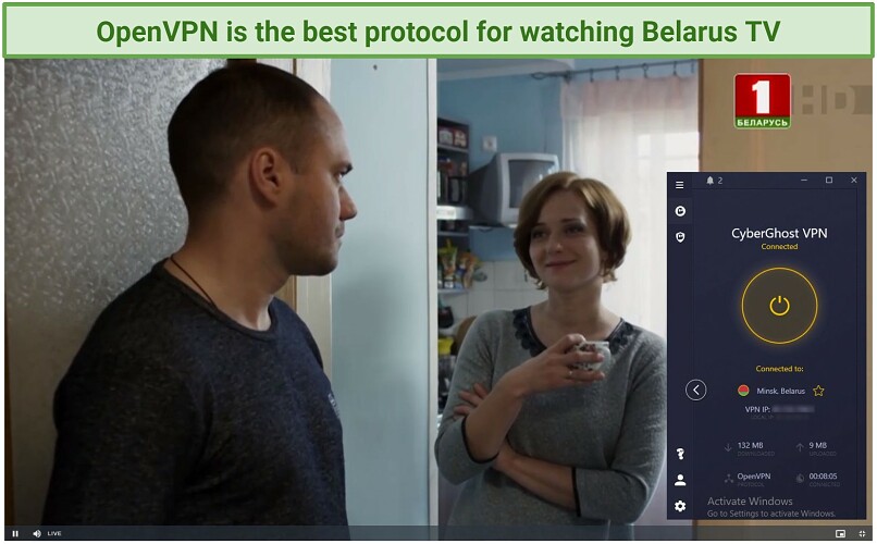 Screenshot of a TV show playing on Belarus-1 with CyberGhost connected to the Belarus server