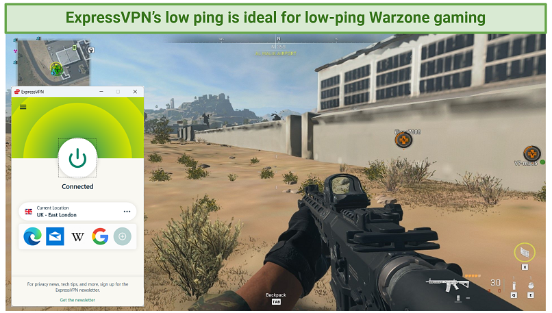 WARZONE 2.0遊戲玩法的屏幕截圖與ExpressVPN連接