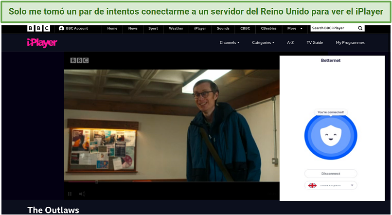 Screenshot of BBC iPlayer playing using Betternet VPN