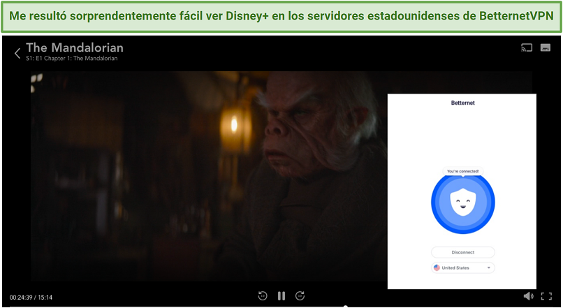 Graphic showing Disney+ streaming using BetternetVPN's US server