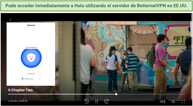 Graphic showing BetternetVPN streaming Hulu on its US server