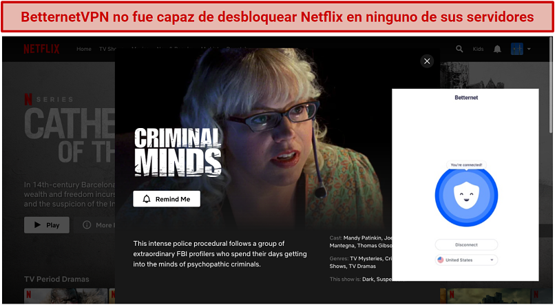 Screenshot showing Netflix's homescreen using BetternetVPN