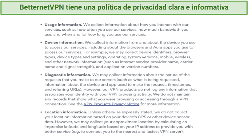Graphic showing BetternetVPN's privacy policy