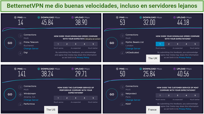 Screenshot of BetternetVPN's speed test results