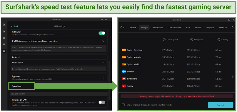 Screenshots of Surfshark's speed test feature on its Windows app showing speed results on its servers in Europe