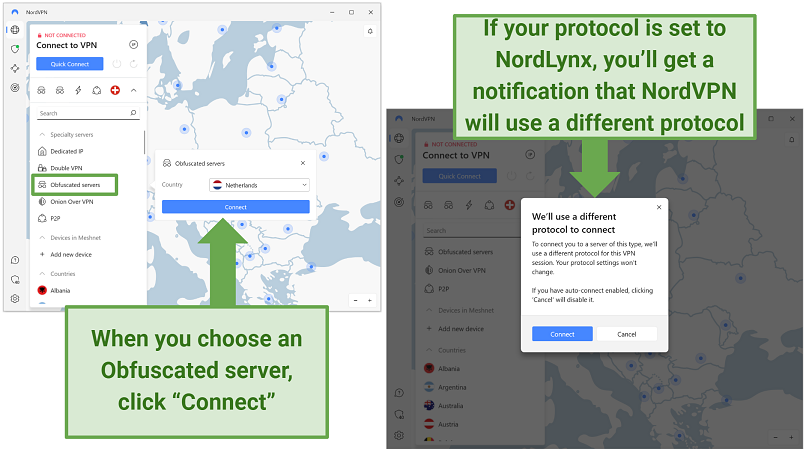 Screenshots of NordVPN's Windows app showing its Obfuscated server drop-down menu and the notification for changing protocols