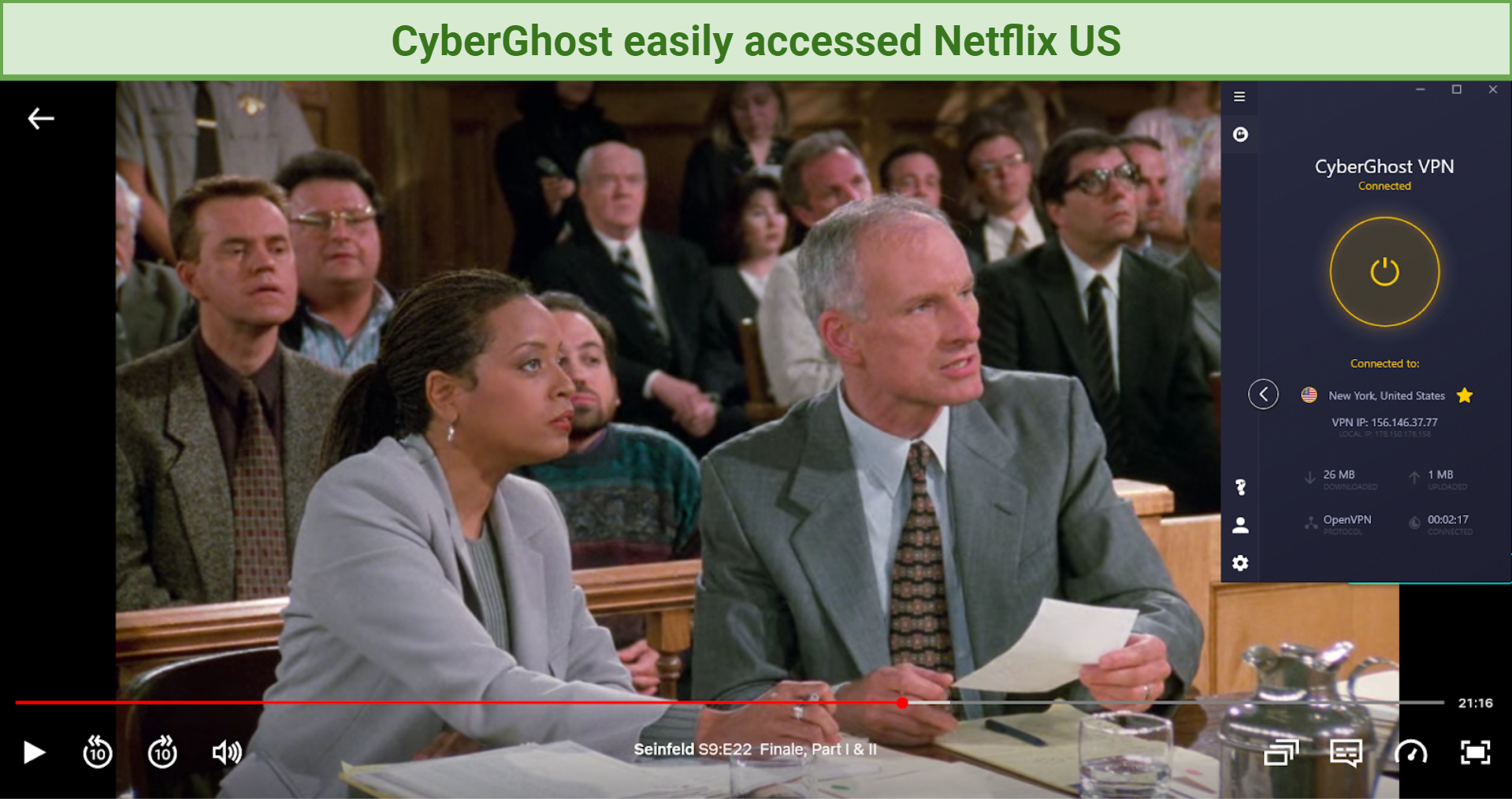 Screenshot of Netflix player unblocked with CyberGhostVPN