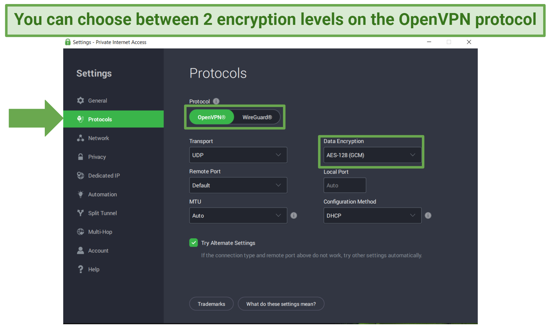 Screenshot of PIA's customizable security features