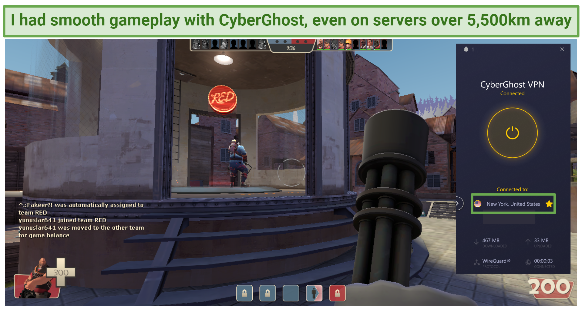 Screenshot of CyberGhost's US gaming servers allowing smooth gaming