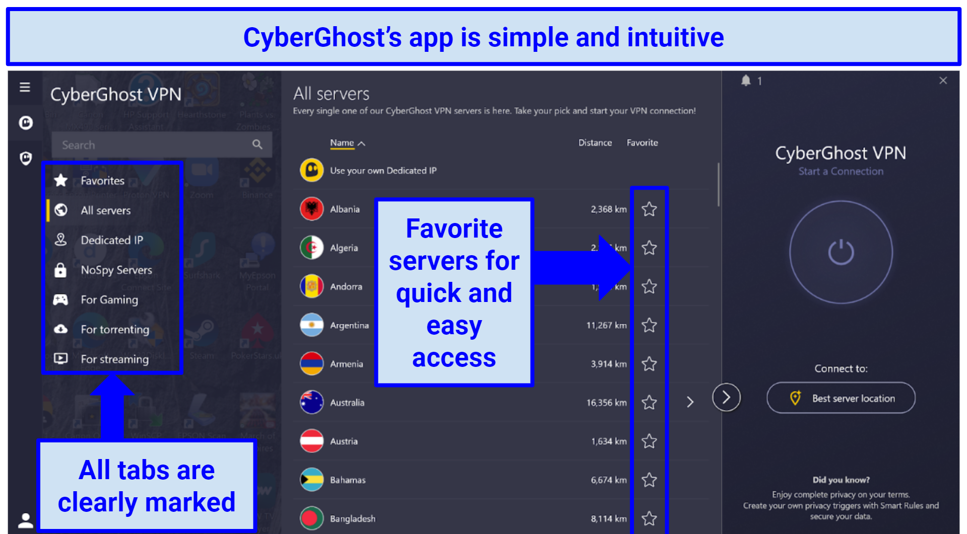 Screenshot of CyberGhost's Windows app interface, highlighting easy to use features