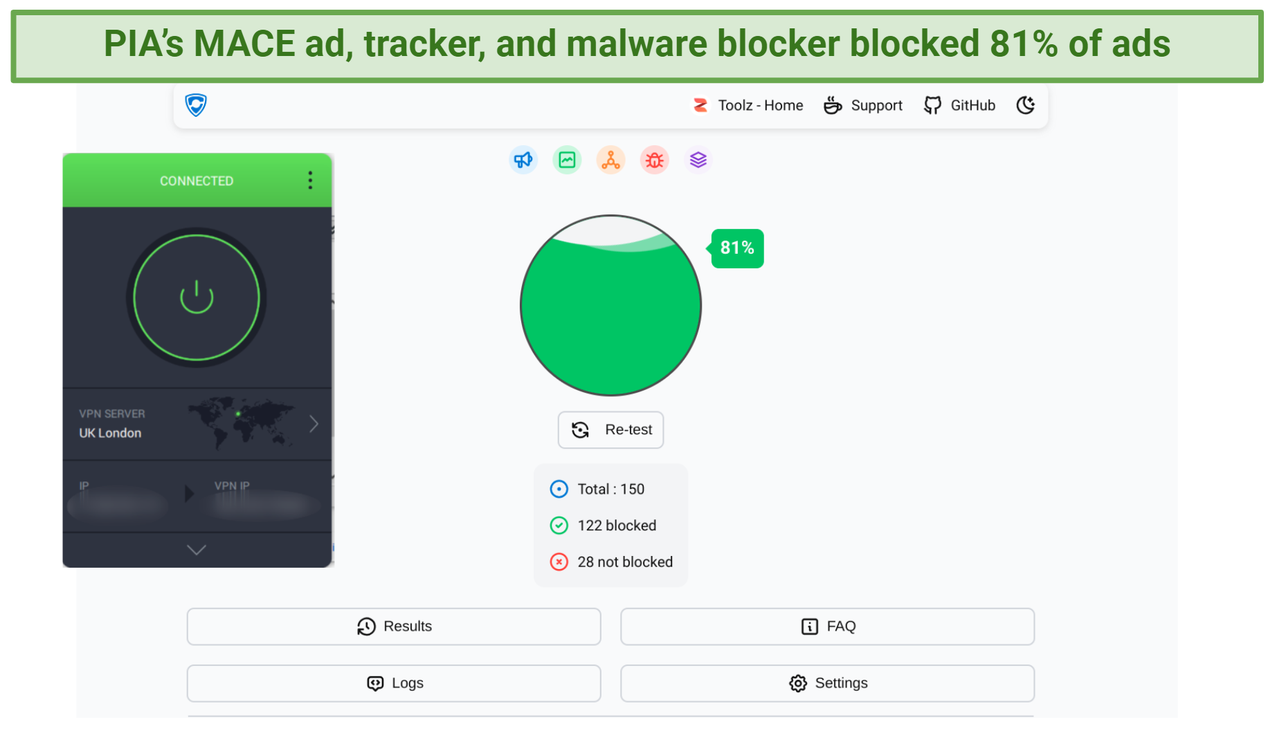 Screenshot of PIA's MACE ad, tracker, and malware blocker test results