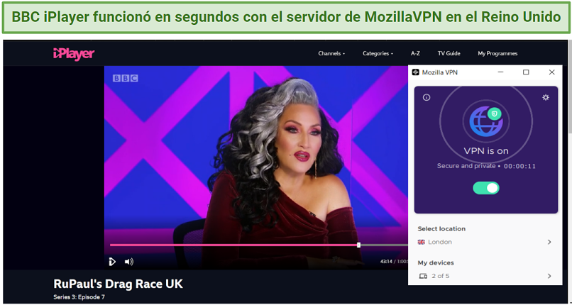 Graphic showing BBC iPlayer playing with MozillaVPN's UK server