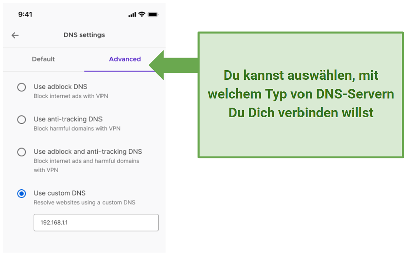 Graphic showing DNS options in MozillaVPN's advanced settings