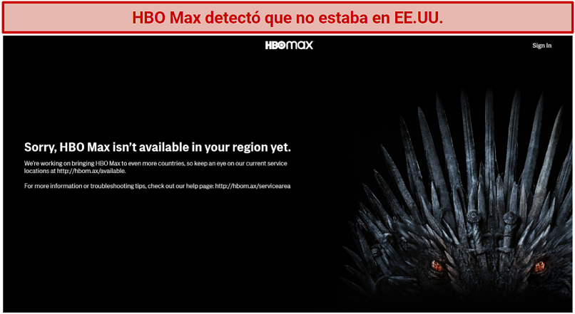 screenshot of HBO Max error