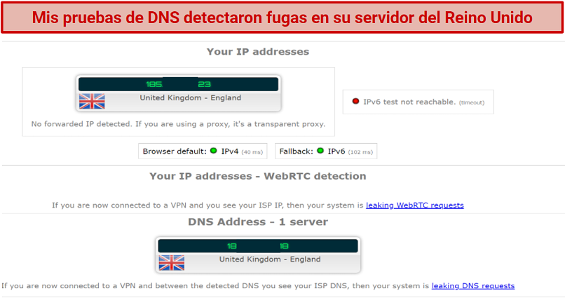 Graphic showing MozillaVPN failing a DNS leak test on its UK servers