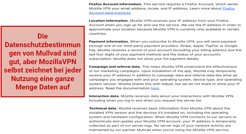Screenshot showing MozillaVPN's data collection information