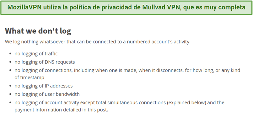 Screenshot of Mullvad and MozillaVPN's privacy policy