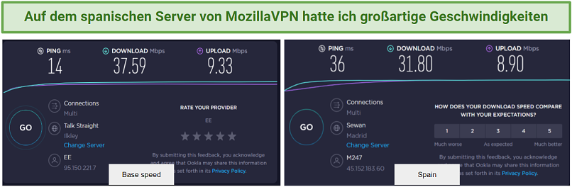 screenshot of MozillaVPN's speed test results on its Spanish server