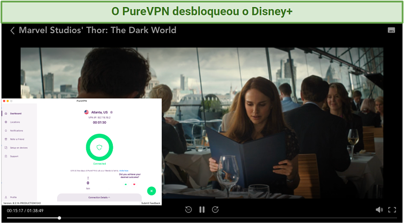 screenshot of Disney+ player streaming Thor unblocked with PureVPN