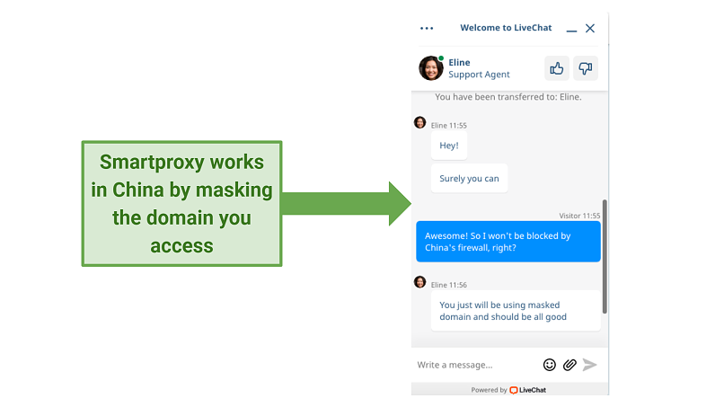 Screenshot of Smartproxy chat support agent confirming it works in China