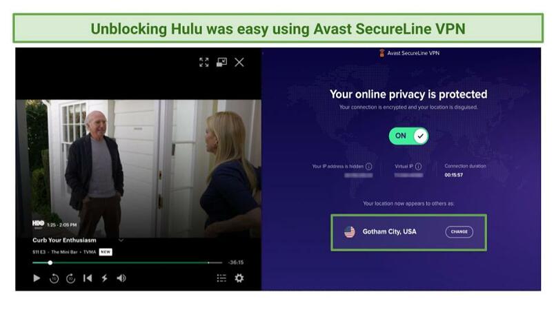 Screenshot of streaming Curb Your Enthusiasm on Hulu using Avast SecureLine VPN