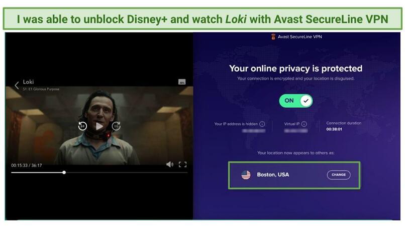 Screenshot of streaming Loki on Disney+ using Avast SecureLine VPN