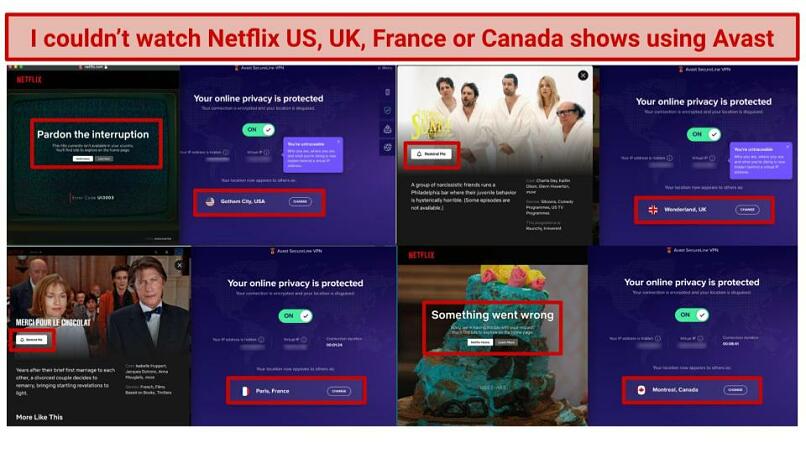 Screenshot of error messages on Netflix using Avast SecureLine VPN