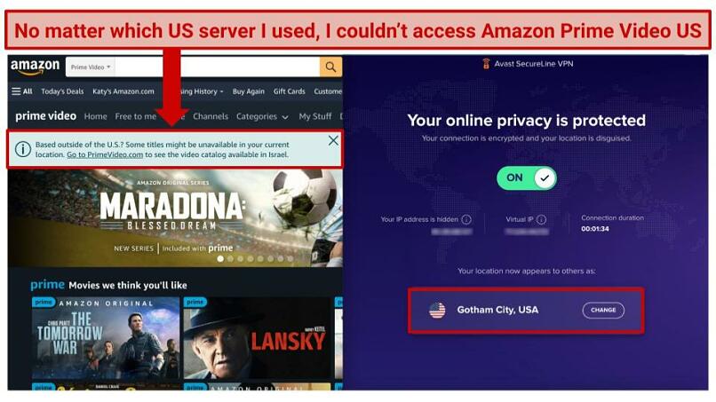 Screenshot of an error message on Amazon Prime Video using Avast SecureLine VPN