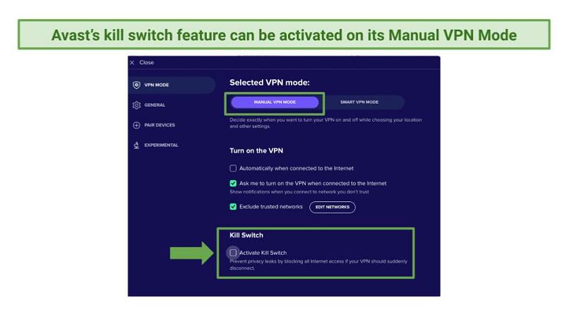 Screenshot of Avast SecureLine VPN's kill switch settings features