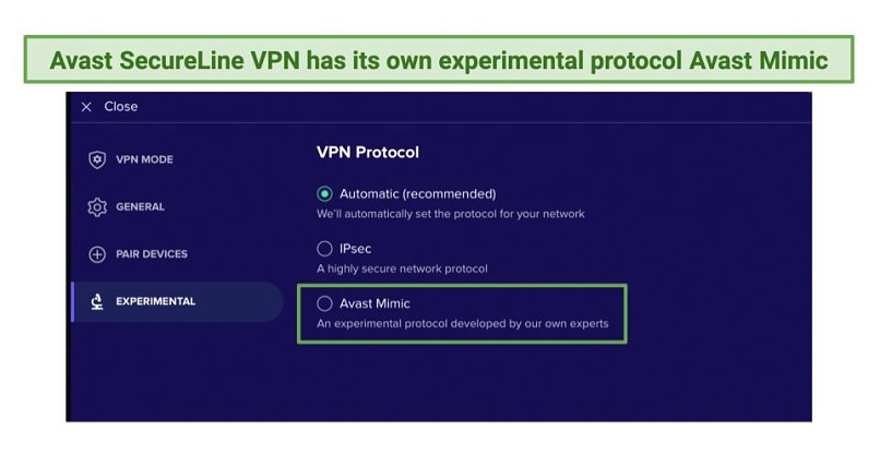 Screenshot of Avast SecureLine VPN's protocols, including its experimental Avast Mimic protocol
