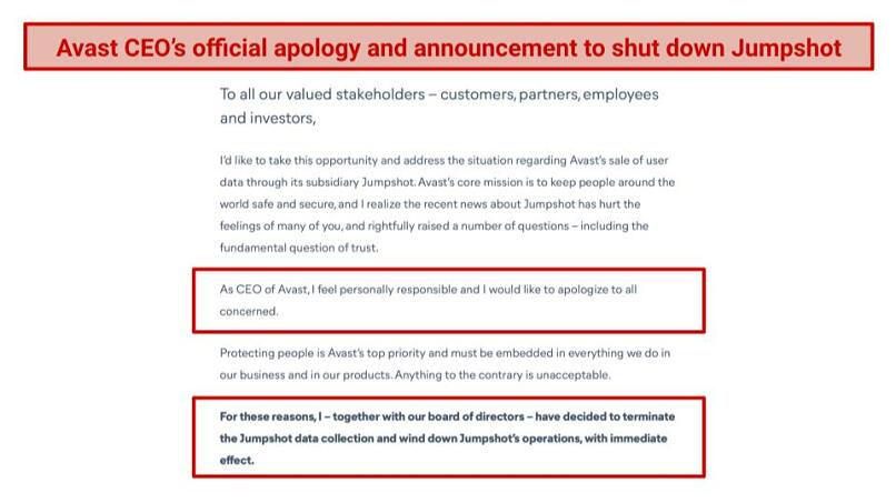 Screenshot of Avast's CEO formal apology regarding the data selling scandal