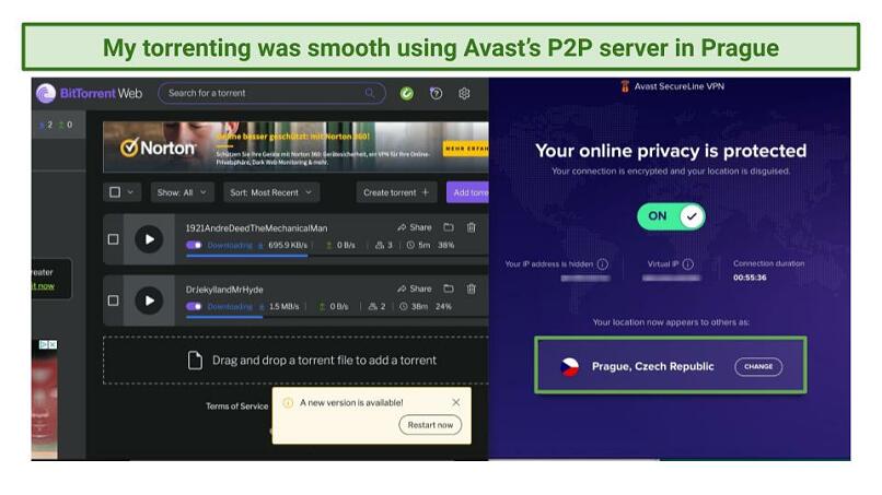 Screenshot of downloading public domain movies on BitTorrent using Avast SecureLine VPN