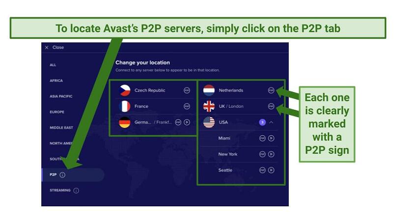 Screenshot of Avast SecureLine VPN's P2P server list within the app on desktop