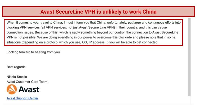 Screenshot of Avast SecureLine VPN's customer support response about whether it works in China