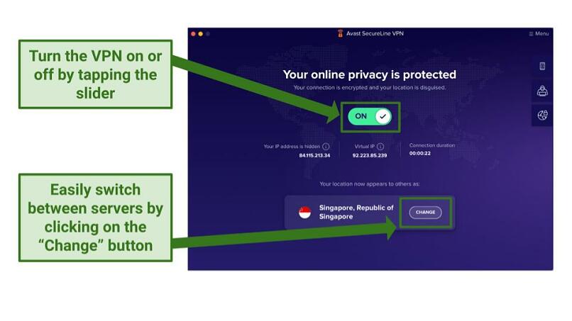 Screenshot of Avast SecureLine VPN's app on desktop